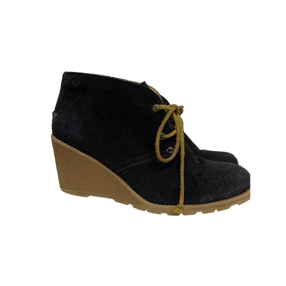 Sperry Top Sider Stella Prow Black Suede Leather Wedge Shoes Women's Size 9.5